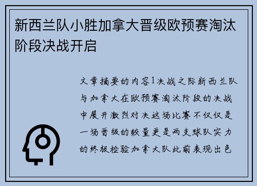 新西兰队小胜加拿大晋级欧预赛淘汰阶段决战开启
