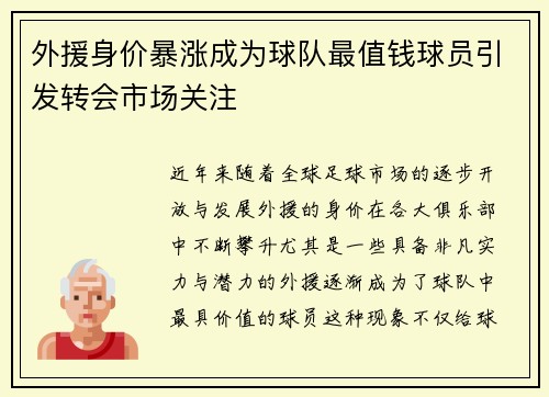 外援身价暴涨成为球队最值钱球员引发转会市场关注