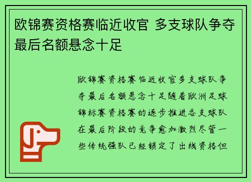 欧锦赛资格赛临近收官 多支球队争夺最后名额悬念十足