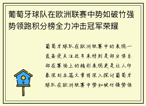 葡萄牙球队在欧洲联赛中势如破竹强势领跑积分榜全力冲击冠军荣耀